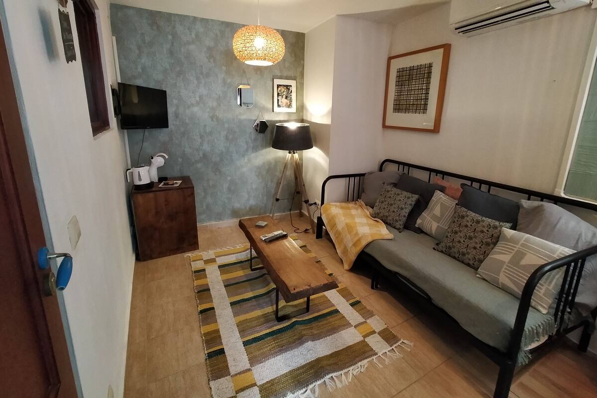Sala de estar com sofá, mesa de centro, televisão, luminária e tapete estampado.