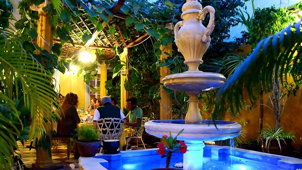 A garden area with a fountain, potted plants, and a checkered floor. - Hostal D' Cordero (Santa Clara)