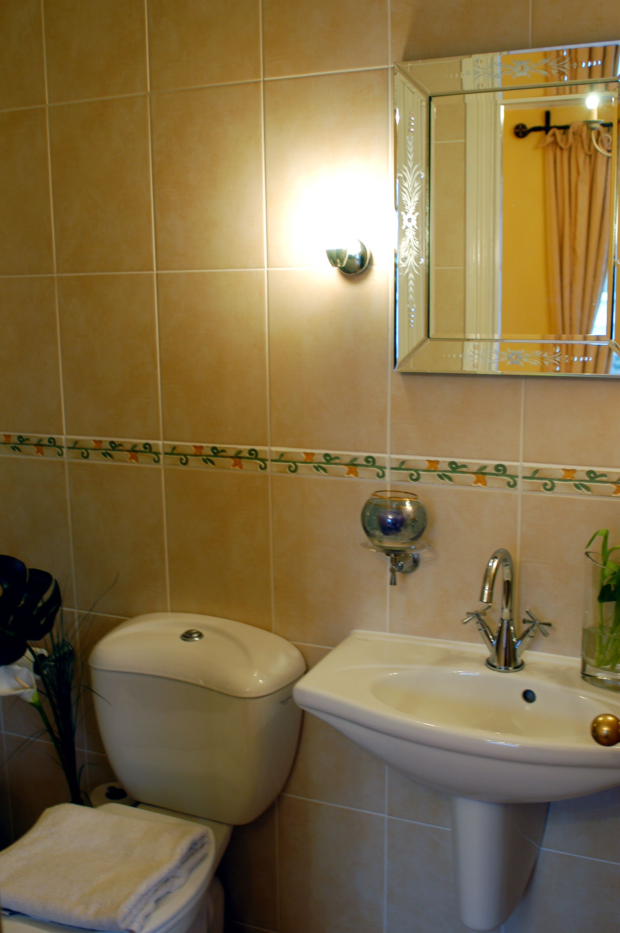 Une salle de bain avec des toilettes, un lavabo et un miroir.