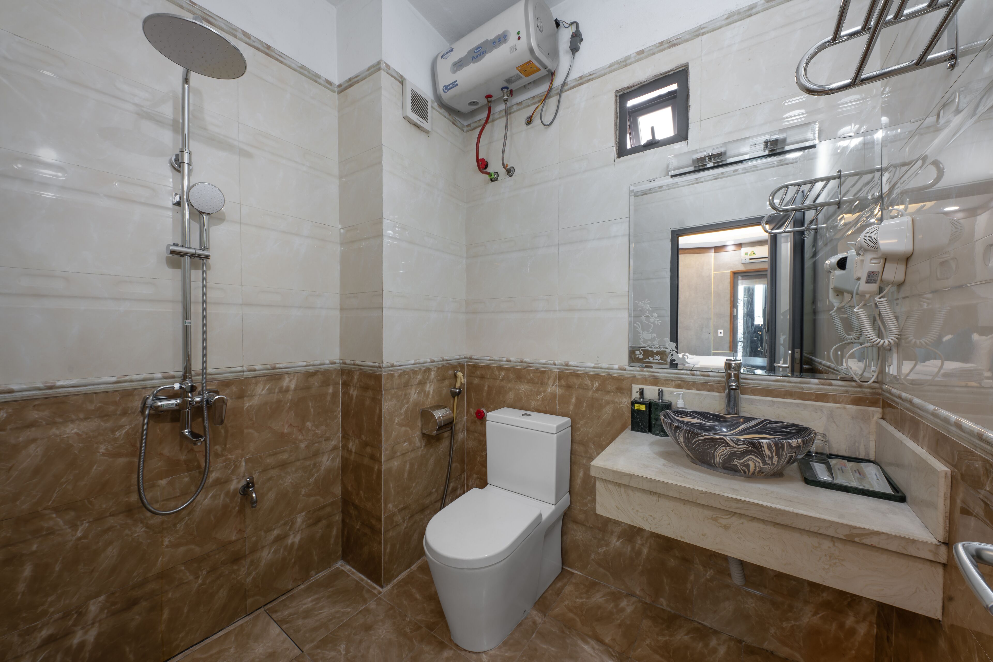 shower, hydromassage showerhead, designer toiletries, hair dryer