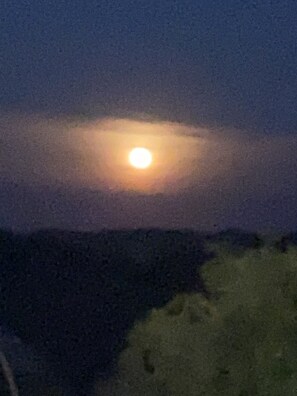 Una escena nocturna con una luna brillante, parcialmente oculta por nubes.
