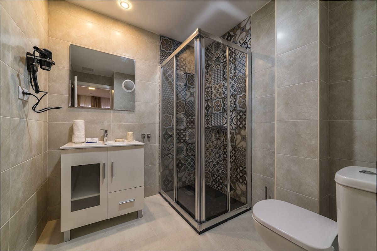 shower, free toiletries, hair dryer, towels