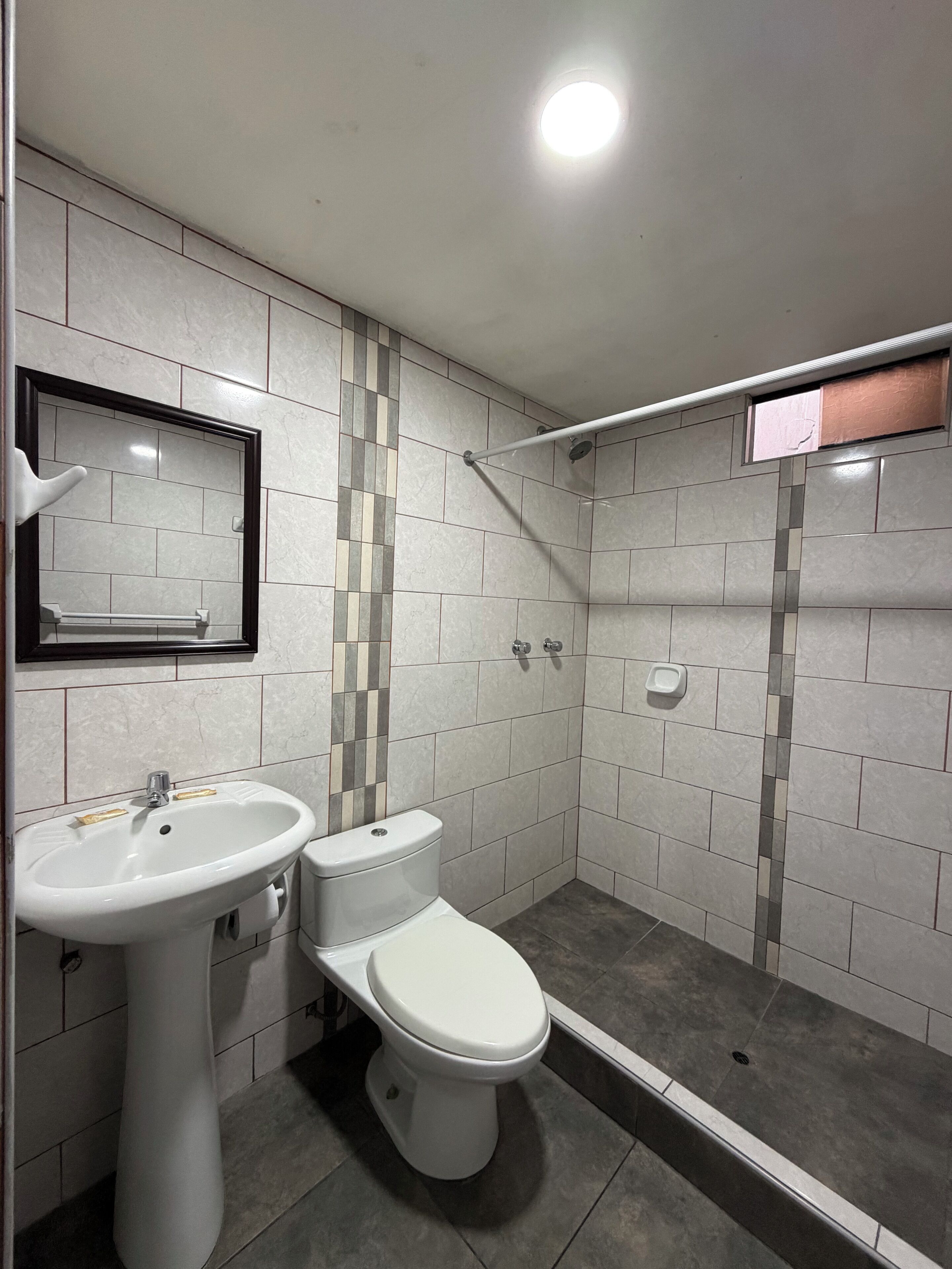 Ein Badezimmer mit Waschbecken, Toilette und Dusche.