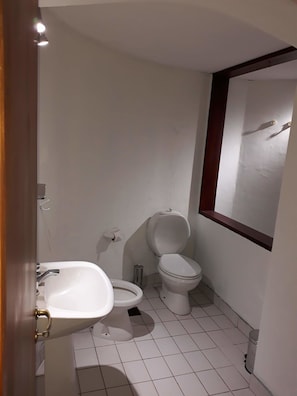 Une petite salle de bain avec des toilettes, un lavabo et un miroir.