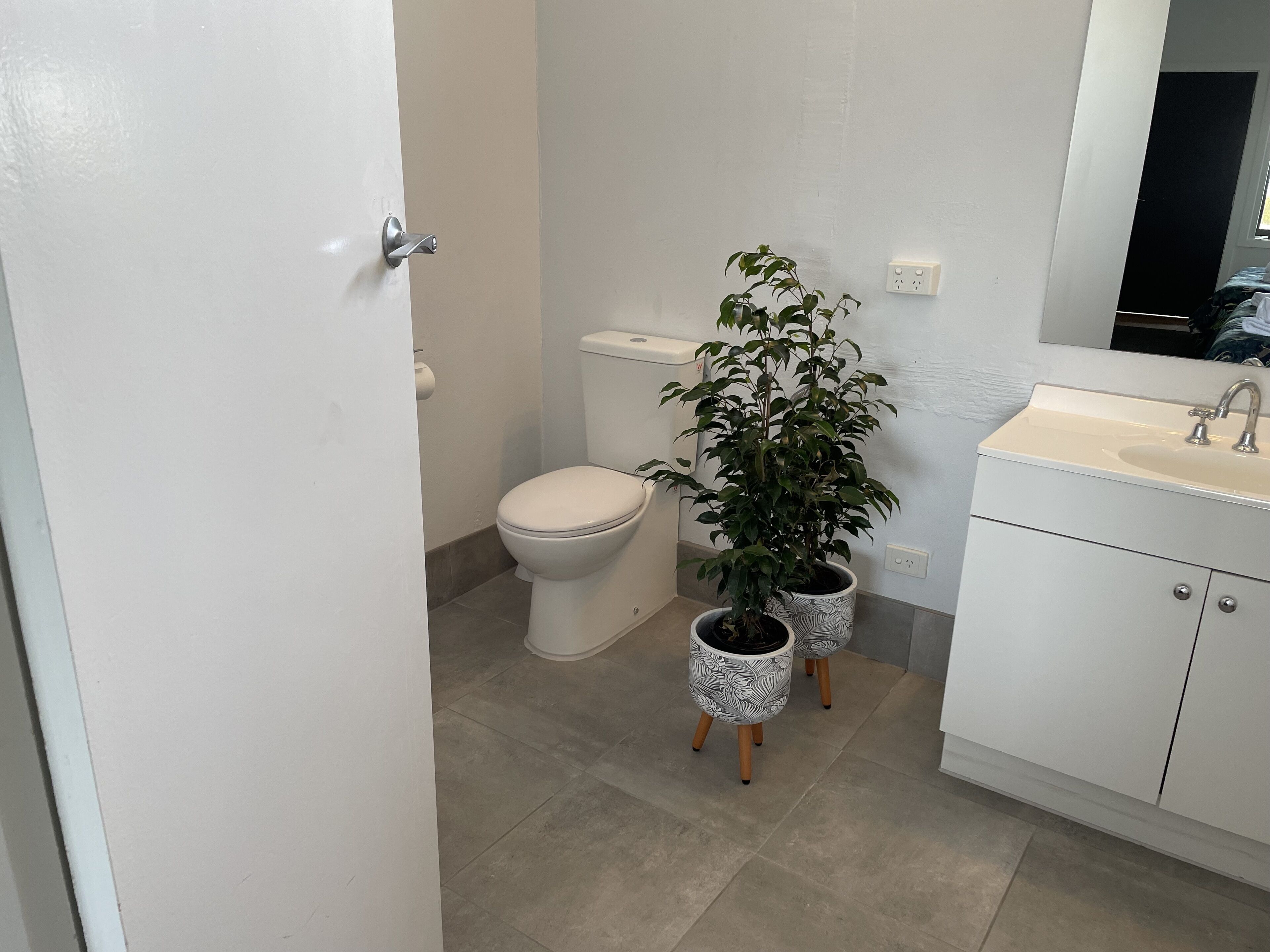 A bathroom with a toilet, sink, mirror, and two potted plants.