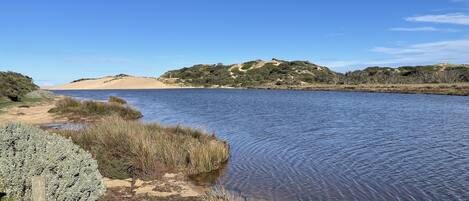 A river with sandy banks and grassy areas, surrounded by hills with sparse vegetation.