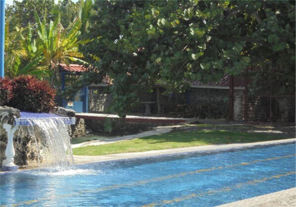 Outdoor pool, pool umbrellas, pool loungers