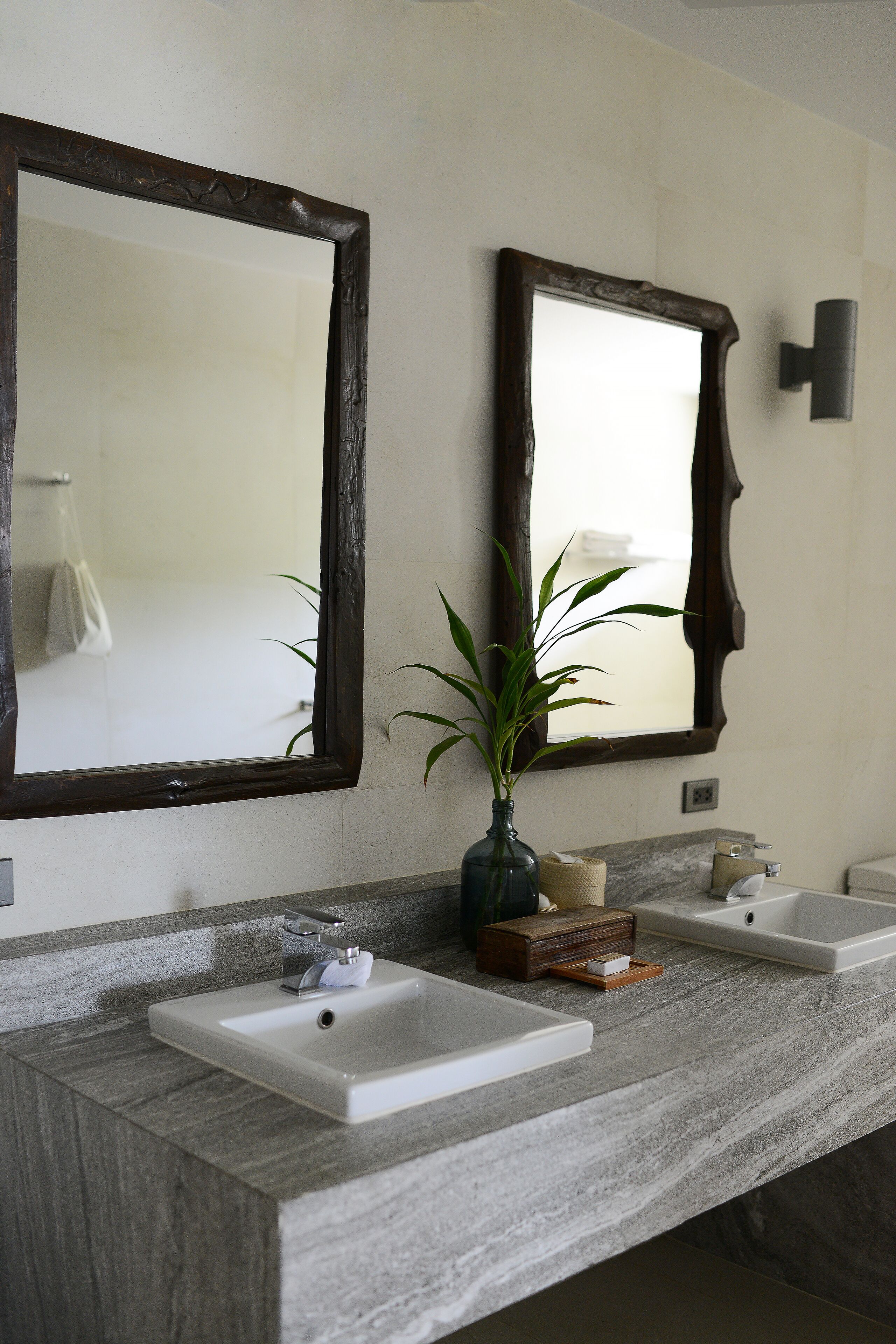 Une salle de bain avec deux lavabos, un miroir et une plante en pot.