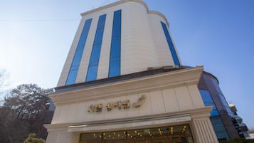 Stunning building with a striking vertical stripe and curved design, featuring a large entrance with glass doors.