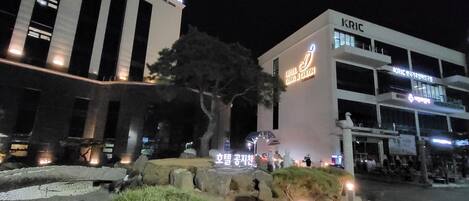 A hotel with a modern facade, large windows, and a well-lit entrance area with a small garden.