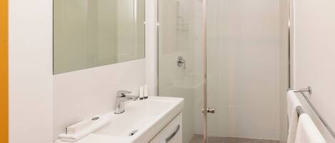 A bathroom with a glass shower enclosure, a white sink, and a mirror.