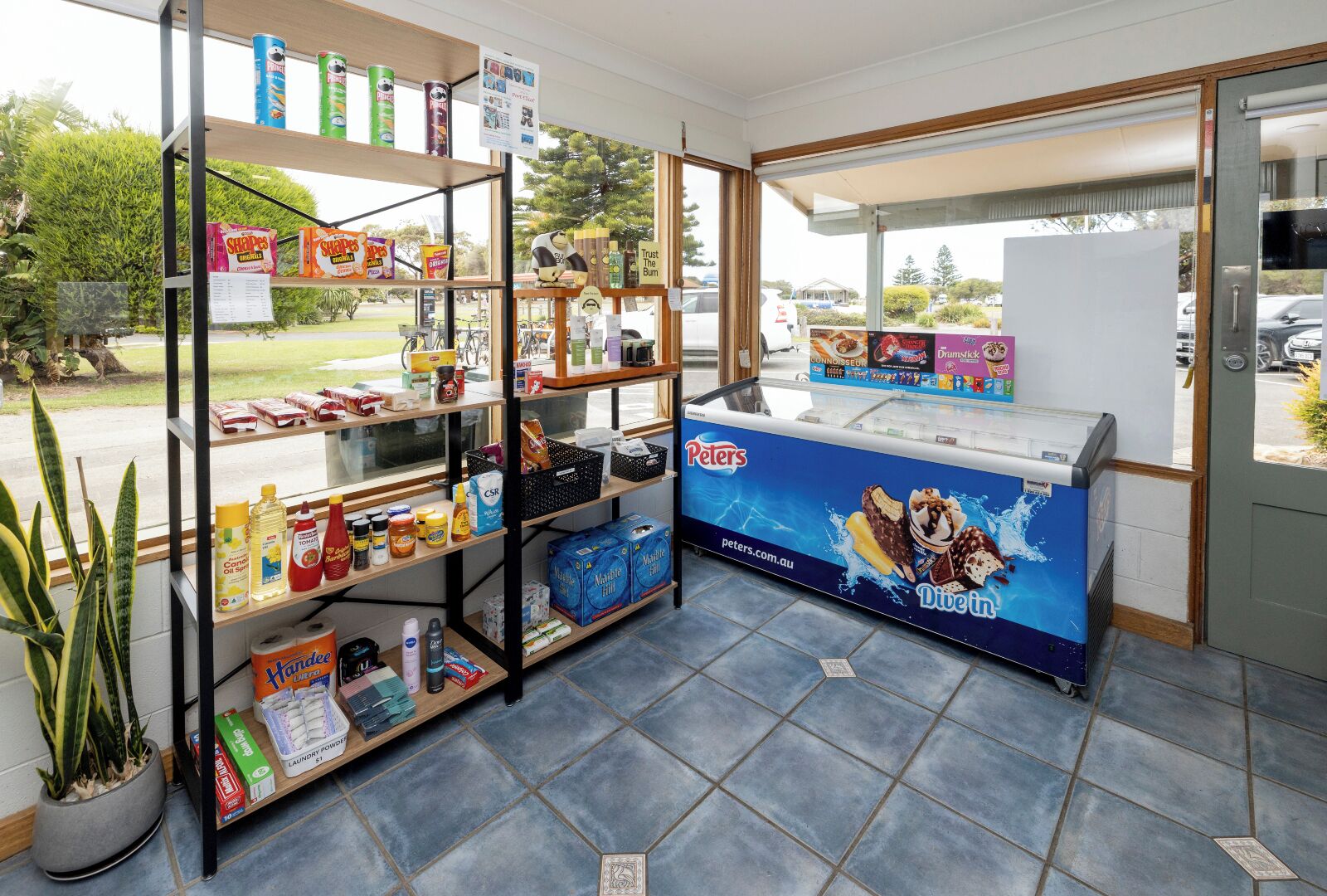 A store with shelves stocked with snacks, a freezer with ice cream, and a potted plant.
