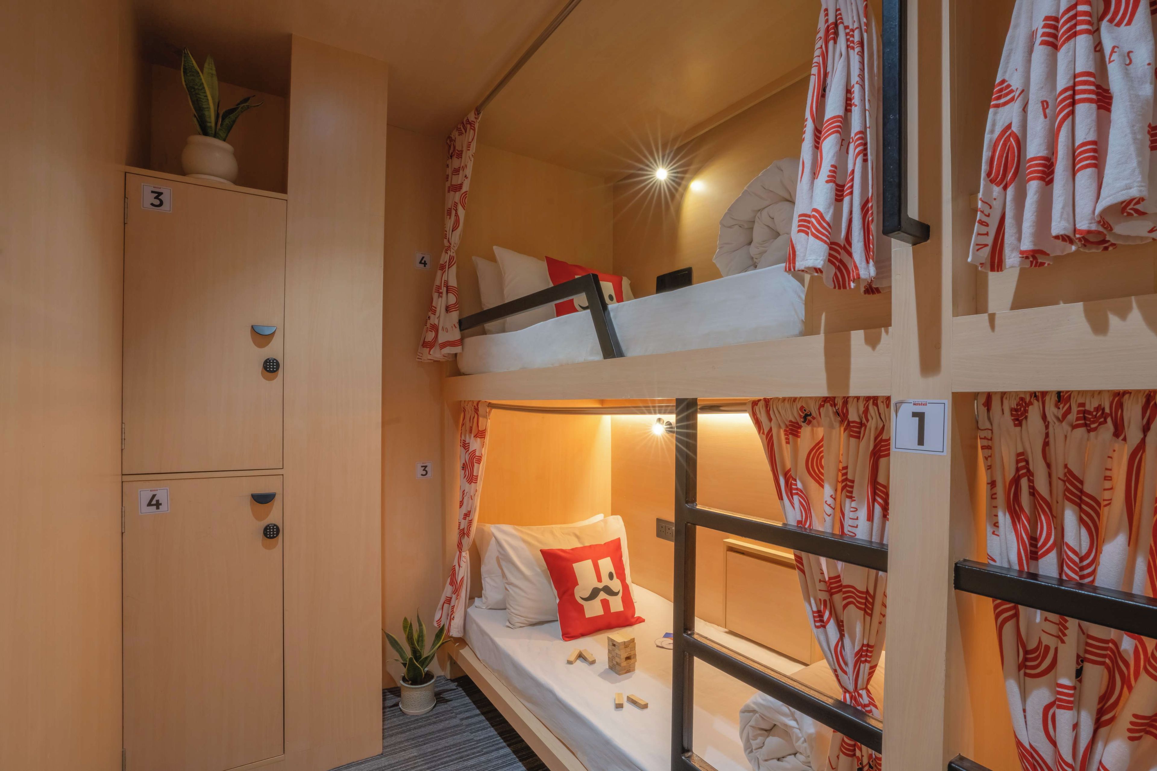 A bunk bed room with a small desk, a potted plant, and a window with curtains.