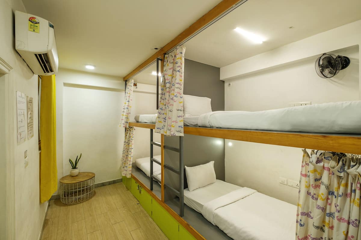 A dormitory room with bunk beds, a small round table with a plant, and an air conditioning unit on the wall.
