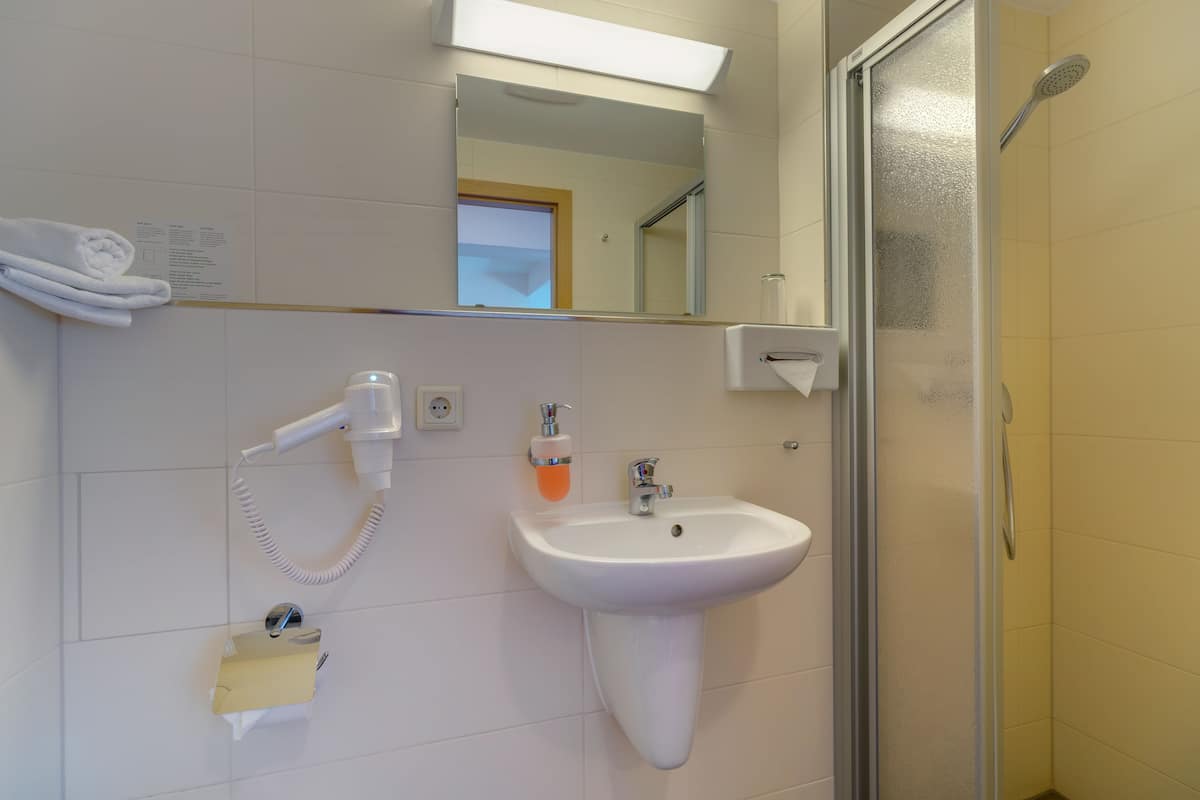 A bathroom with a white sink, a mirror, a towel rack, a handheld showerhead, and a glass shower enclosure.