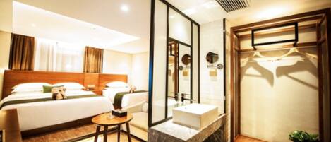 Family Room | Desk, blackout drapes, iron/ironing board, rollaway beds