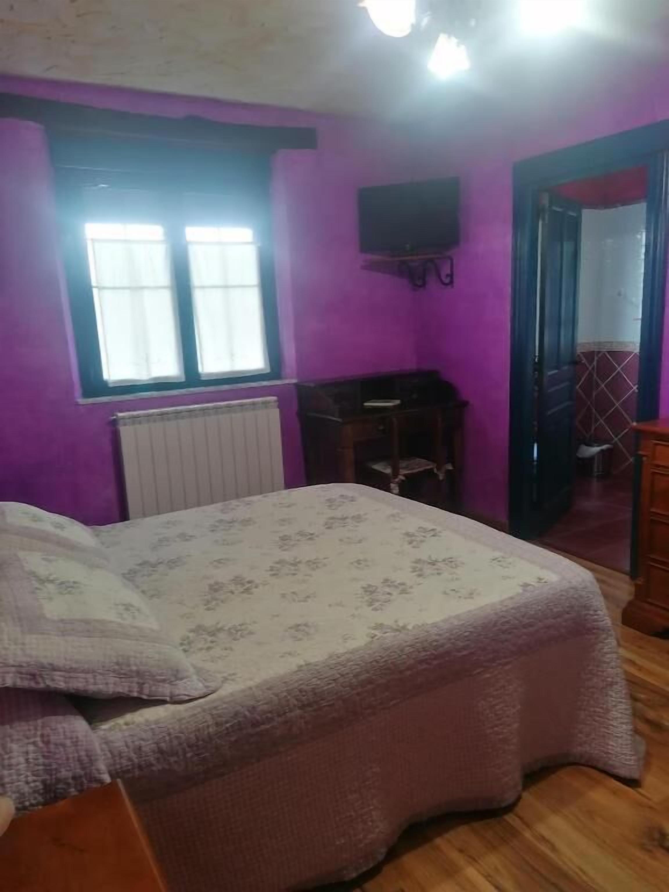 Una habitación con cama, ventana, radiador, televisor y puerta.