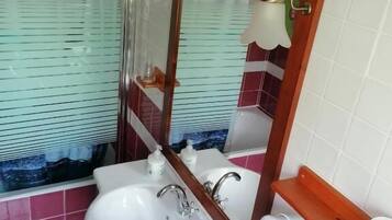 Un baño con lavamanos blanco, un espejo, un toallero y un dispensador de papel higiénico.