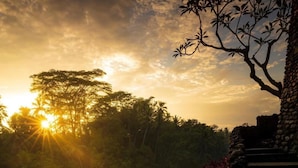 A stone staircase leading down a lush, green hillside with a view of the sunset. - Villa Cella Bella (Ubud)