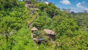 A lush, green landscape with a large house and a smaller structure on a hillside. - Villa Cella Bella (Ubud)