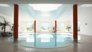 Indoor pool, open 7:30 AM to 9:30 PM, sun loungers