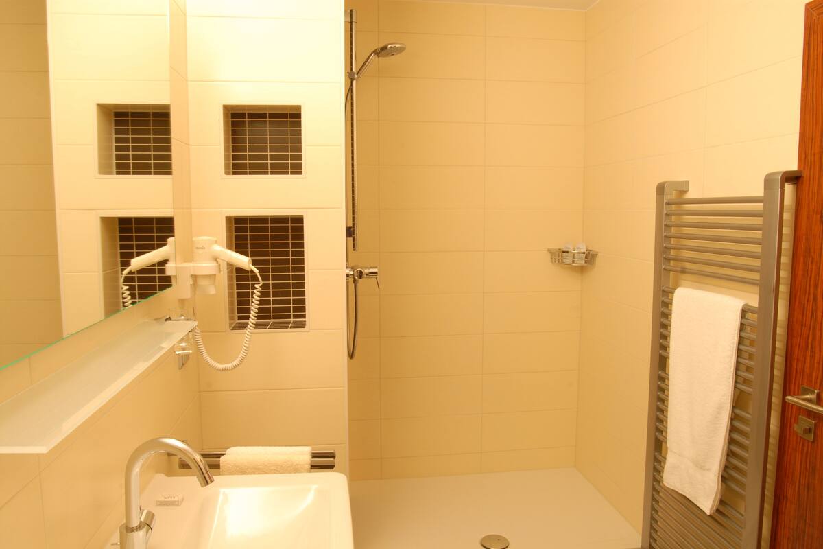 shower, rainfall showerhead, free toiletries, hair dryer