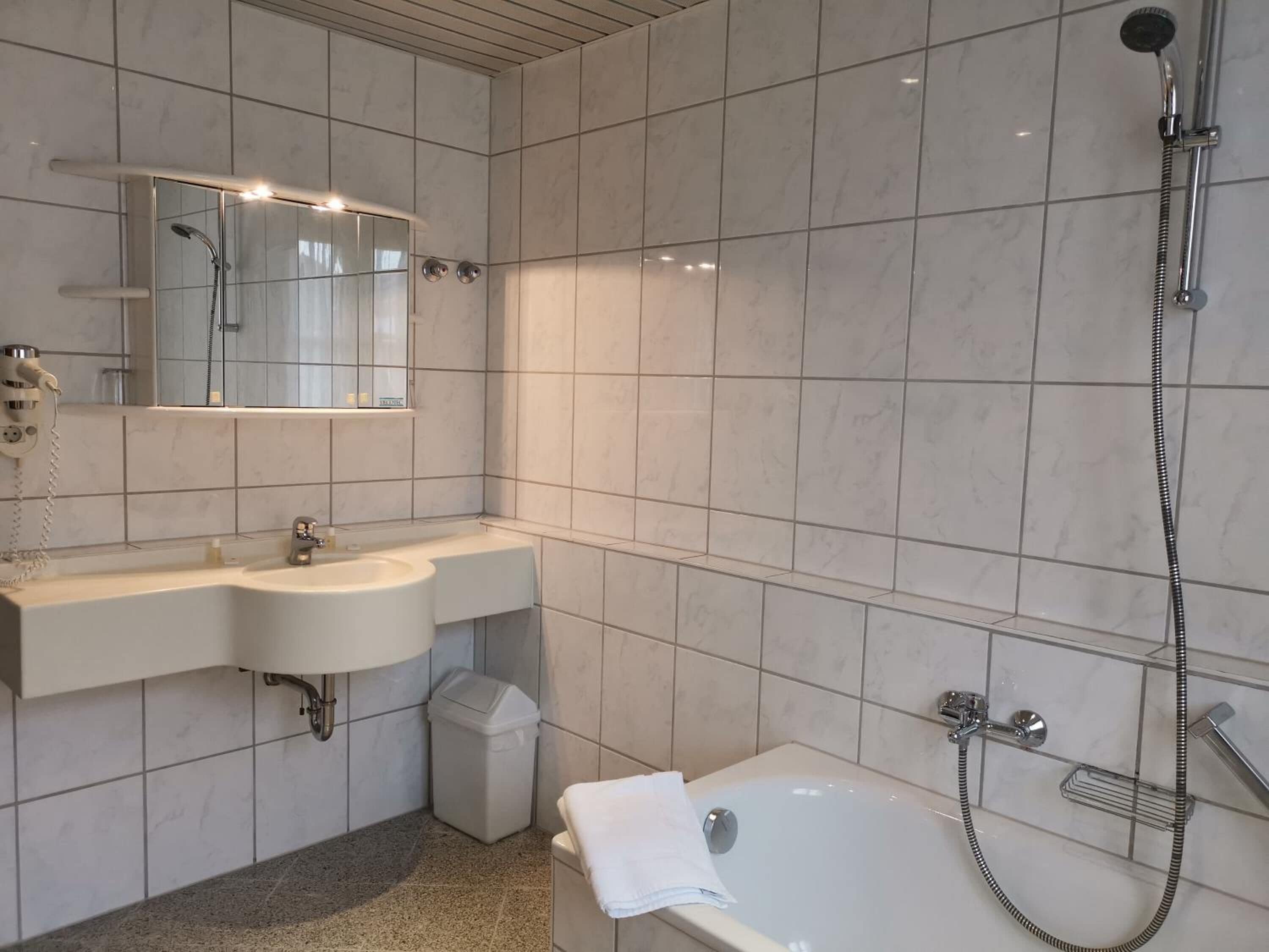 shower, free toiletries, hair dryer, towels