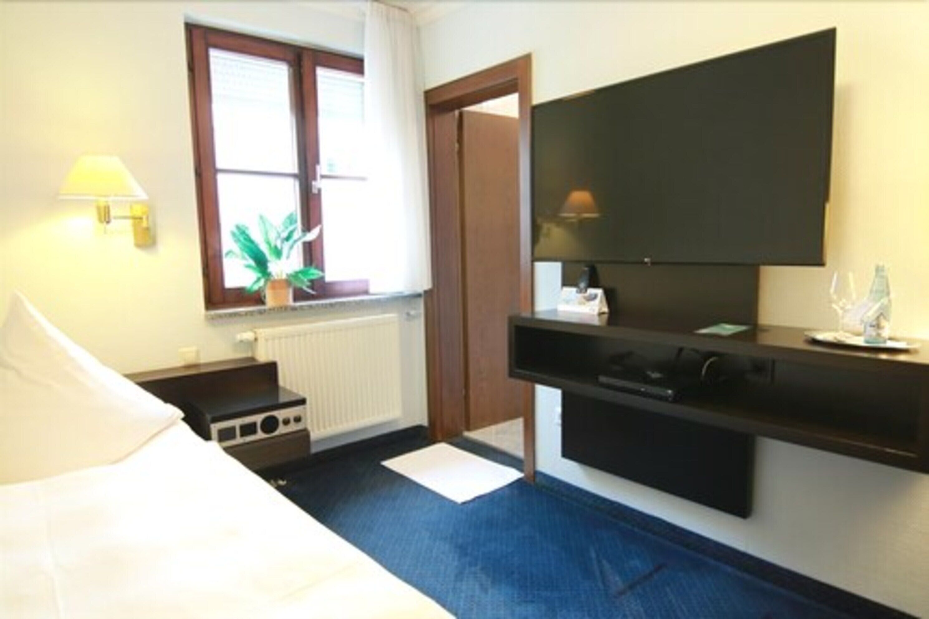 Habitación de hotel con cama, escritorio con computadora, televisor de pantalla plana, ventana con planta y radiador.