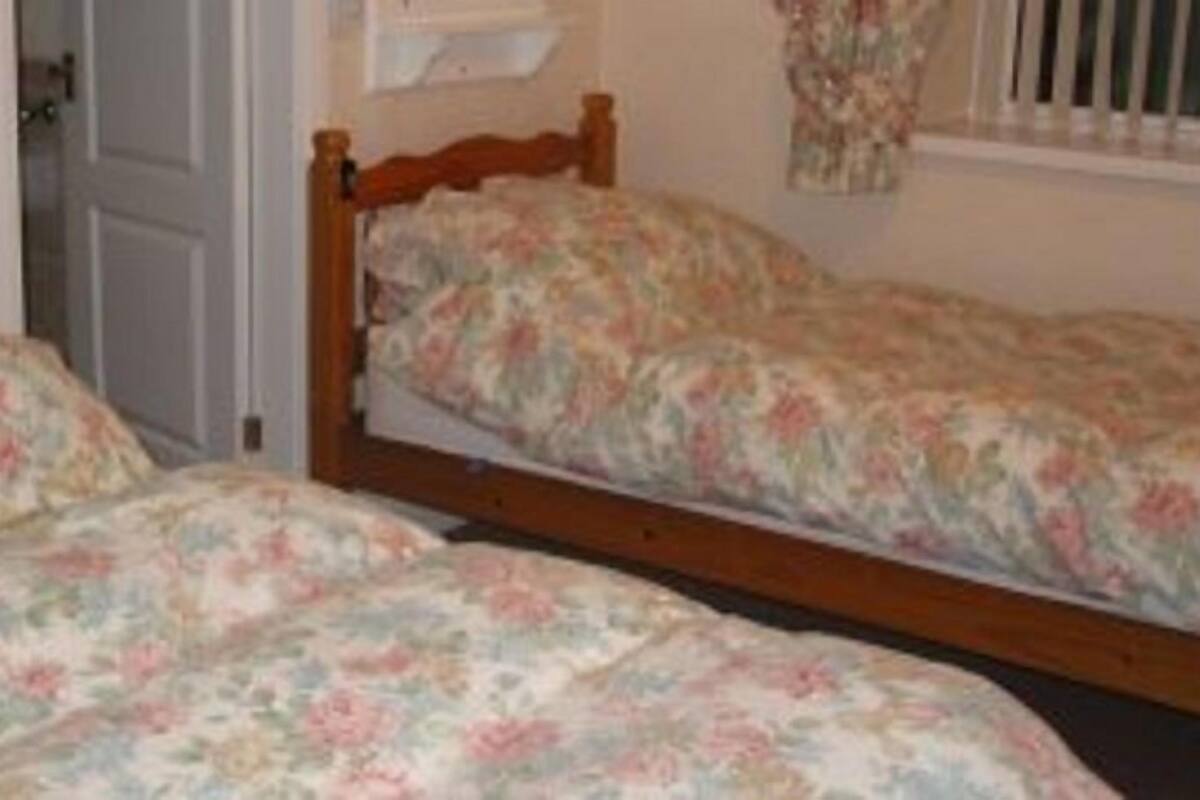 Un dormitorio con dos camas individuales, cada una con ropa de cama estampada con motivos florales.