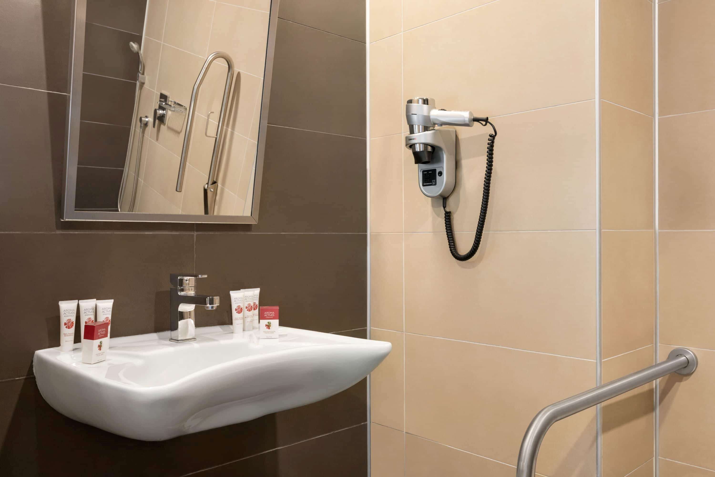 A bathroom with a white sink, a mirror, and a handheld showerhead mounted on the wall.