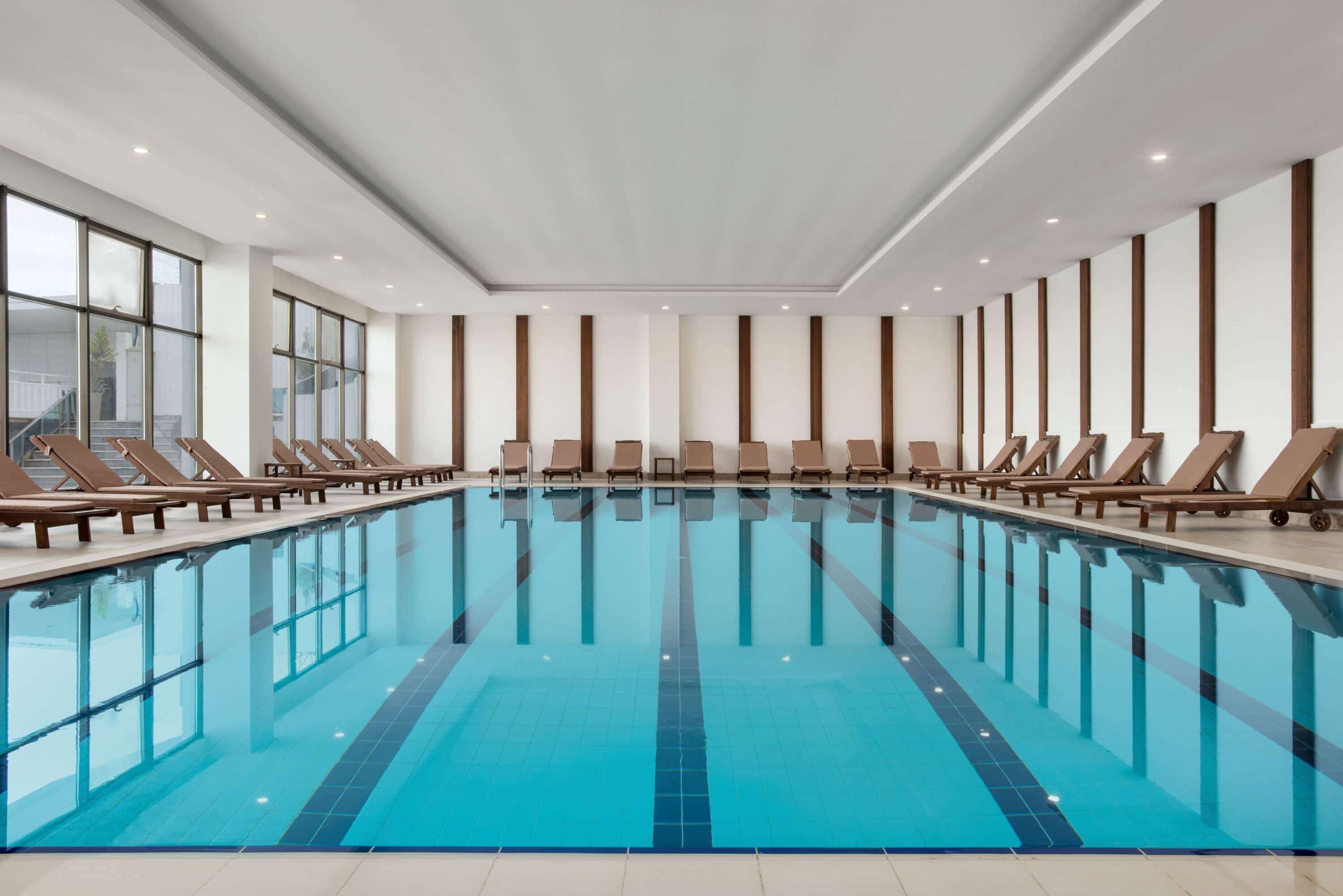 Indoor pool, outdoor pool, sun loungers