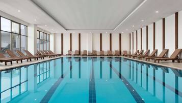 Indoor pool, outdoor pool, sun loungers