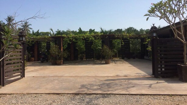 A courtyard with a concrete floor, wooden pergola, and potted plants.
