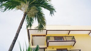 Un edificio de varios pisos con balcones y una palmera en primer plano.