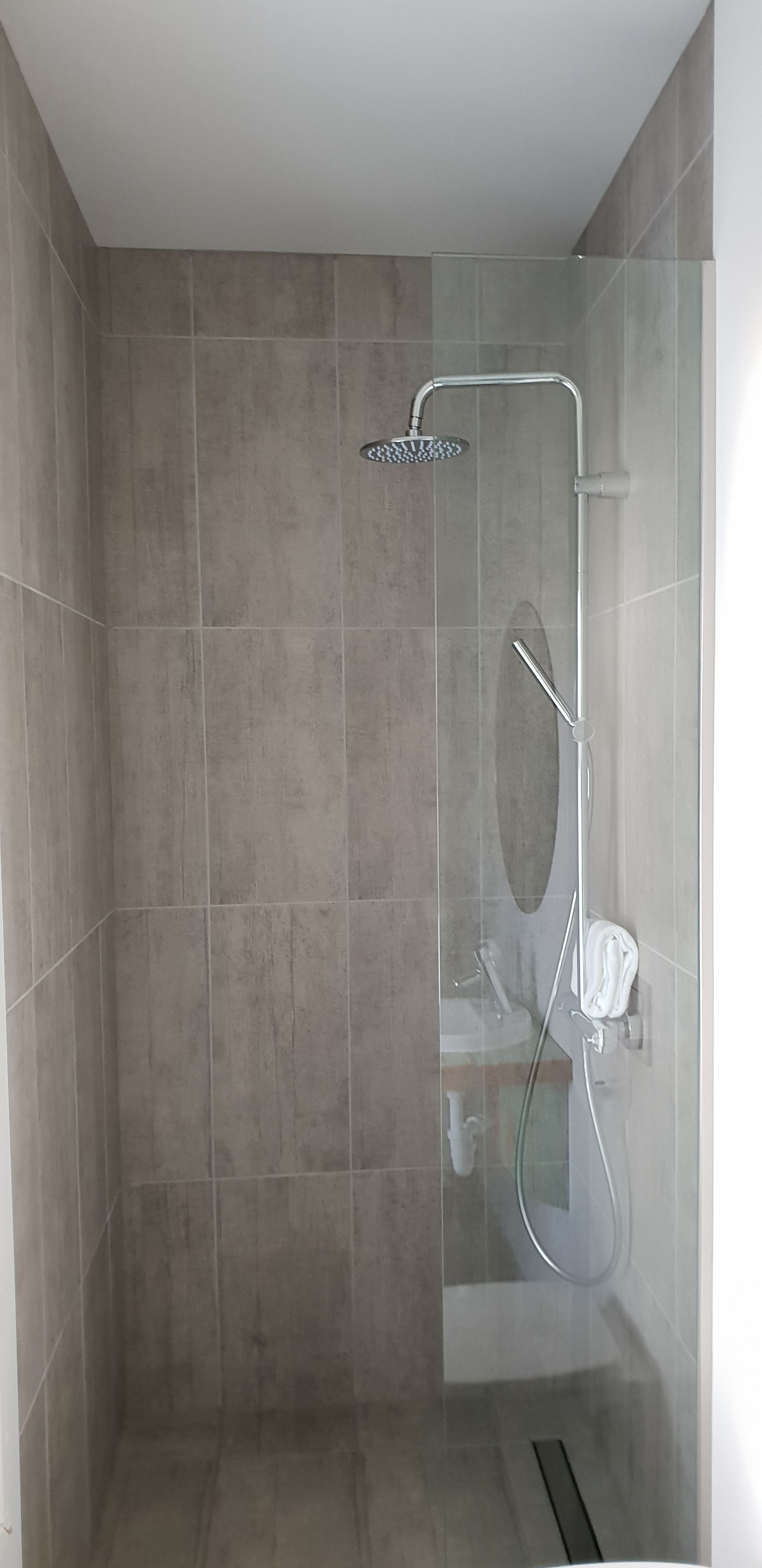 A modern shower with a glass enclosure, a handheld showerhead, and a handheld faucet.