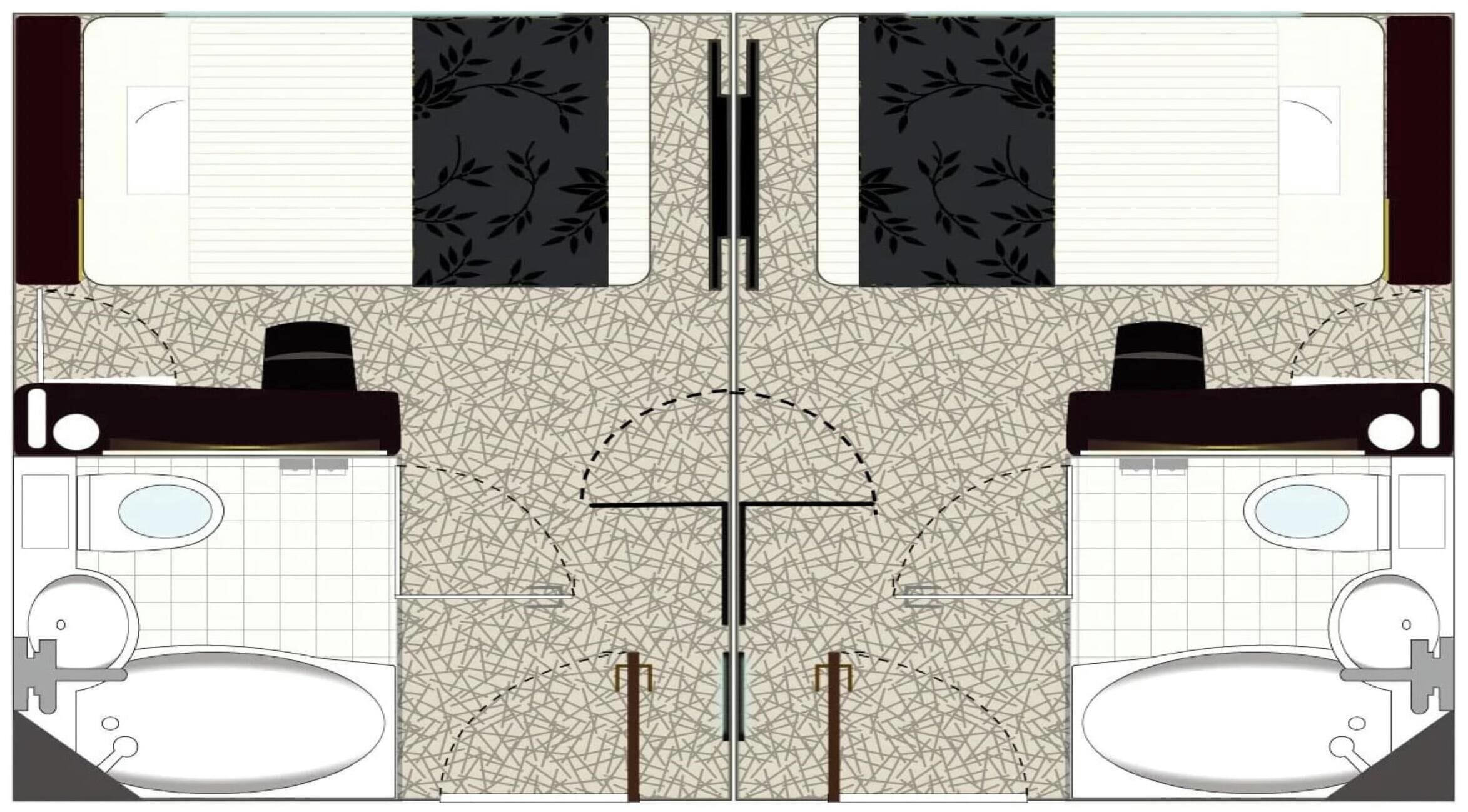 A bathroom layout with two sinks, two toilets, and a shower area.