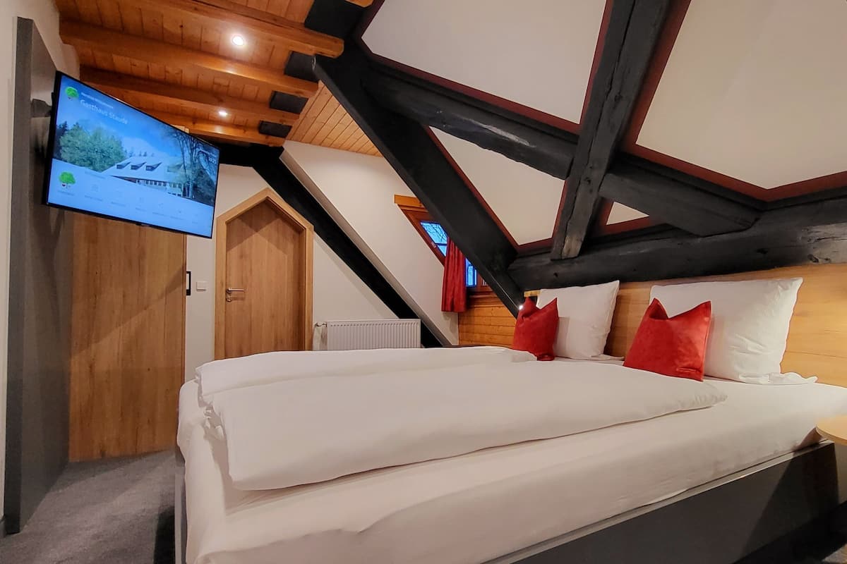A bedroom with a bed, a TV, a wooden ceiling, and a window.