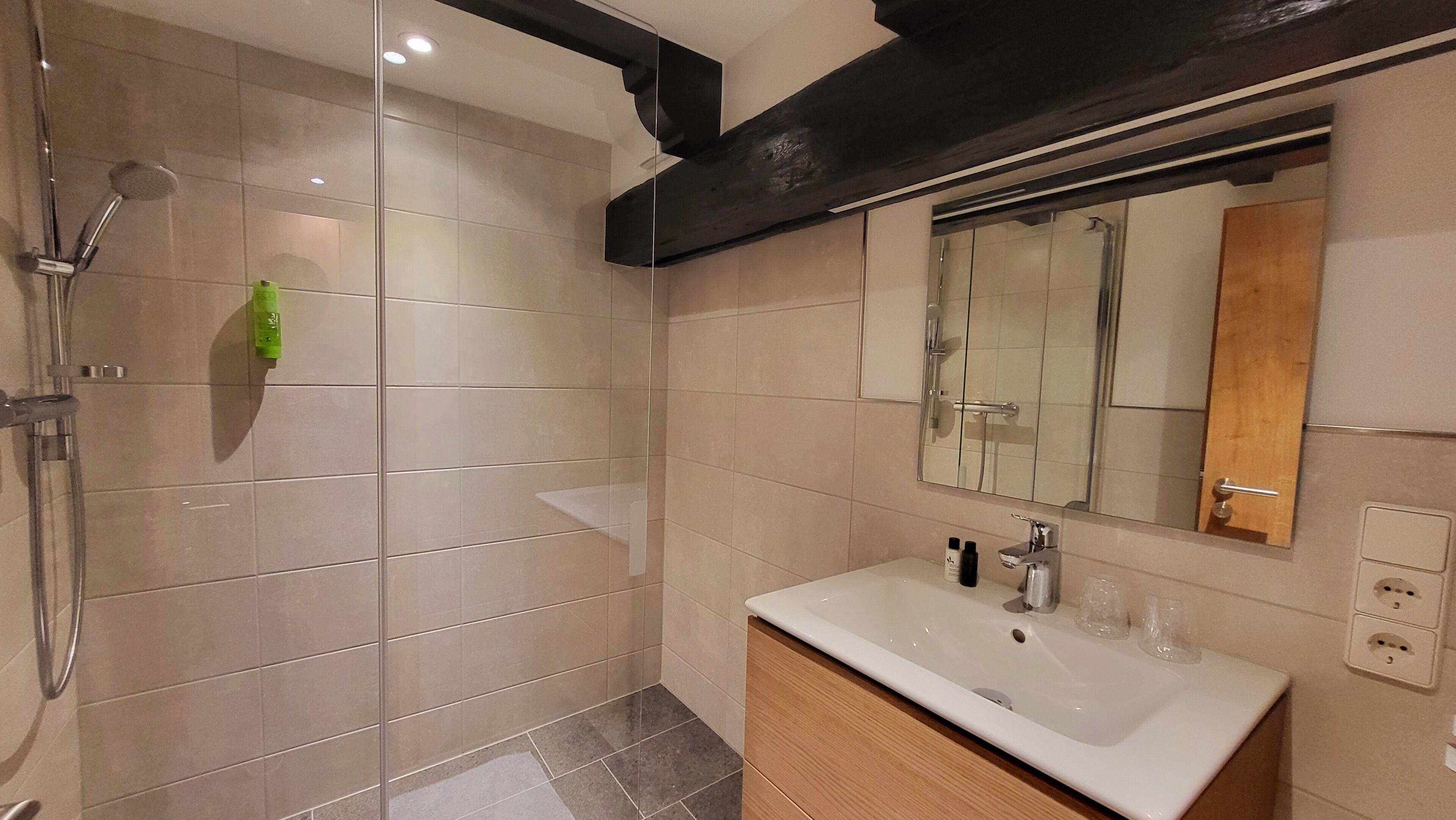 A modern bathroom with a glass shower enclosure, a white sink, and a large mirror.