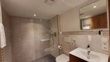 A modern bathroom with a glass-enclosed shower, a white sink, and a mirror above the sink.