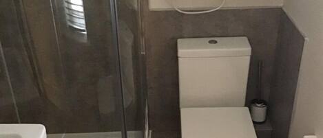 A small bathroom with a glass shower enclosure, a toilet, and a towel rack.