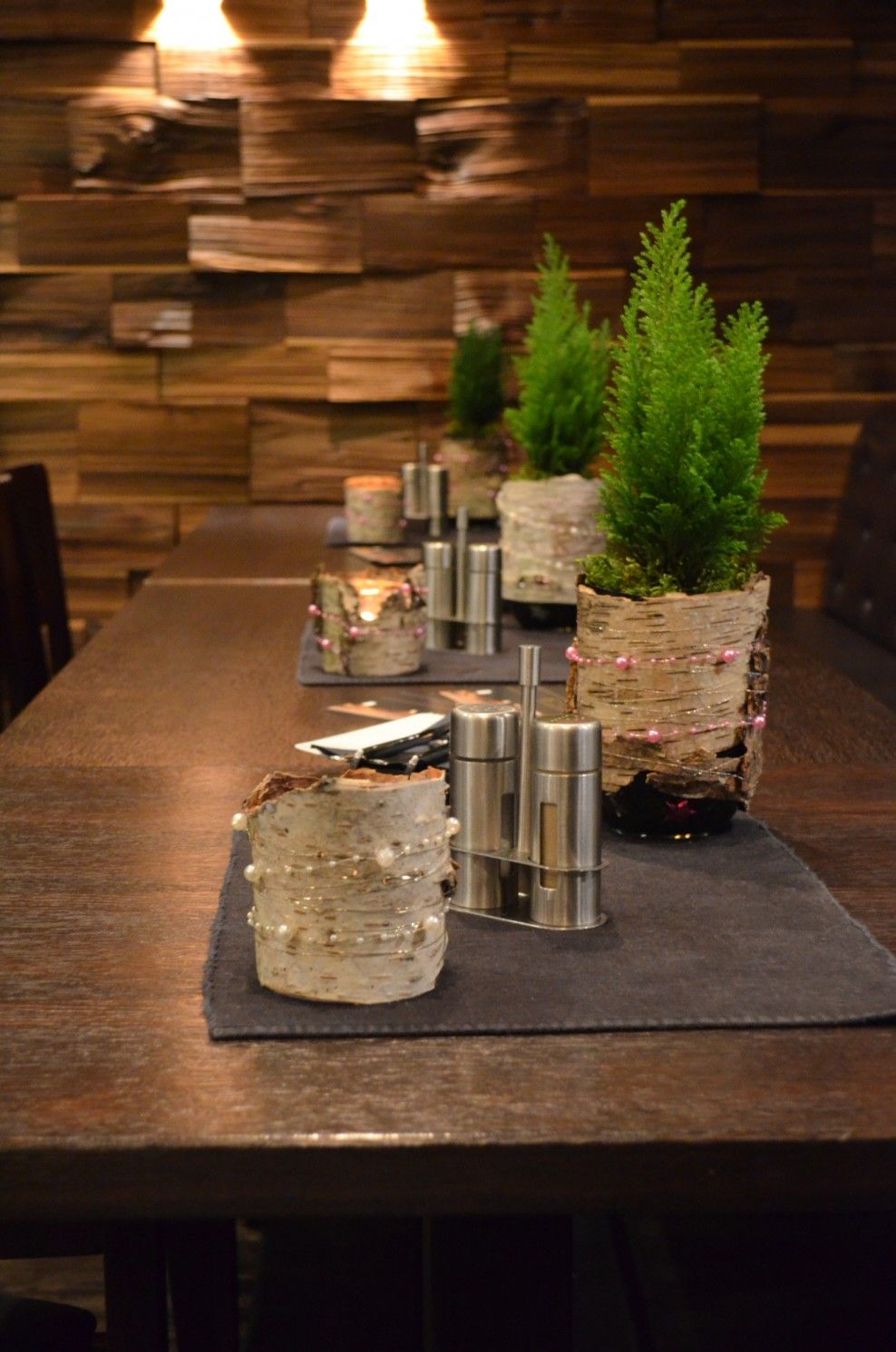 A dining table with a rustic wooden backdrop, decorated with small potted plants and metallic candle holders.