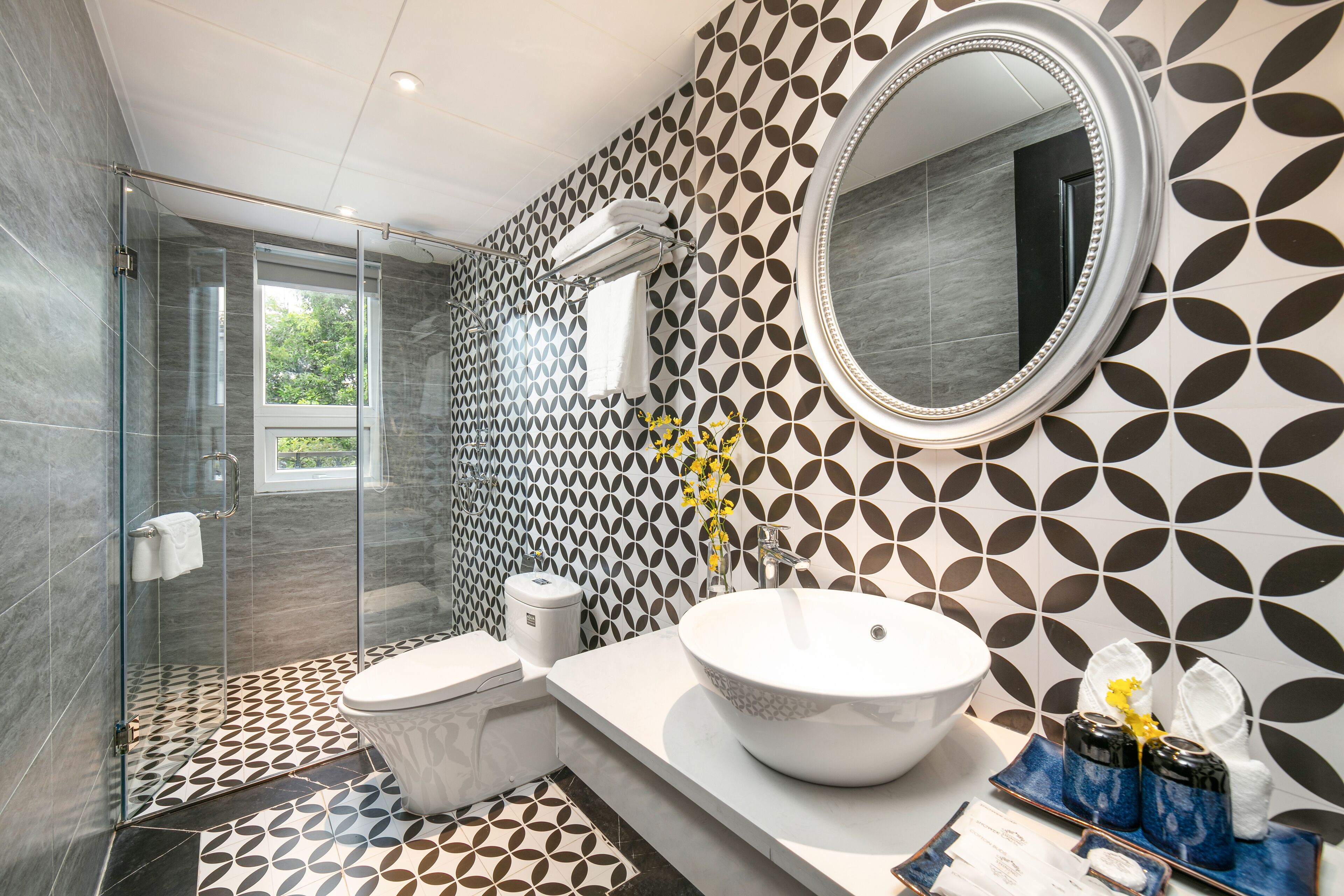 jetted bath, rainfall showerhead, free toiletries, hair dryer