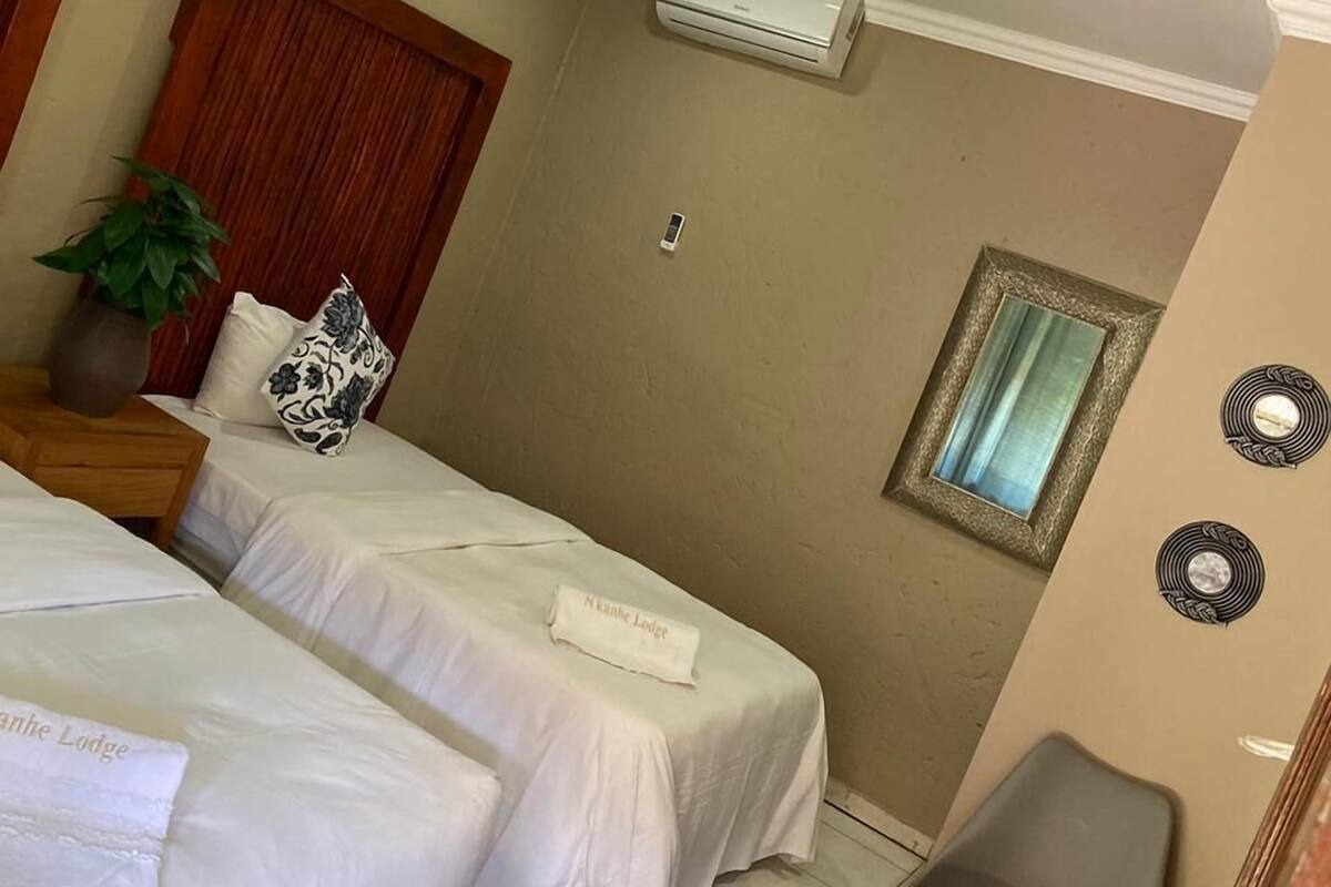 A hotel room with two beds, a small table with a plant, a mirror, and an air conditioning unit.