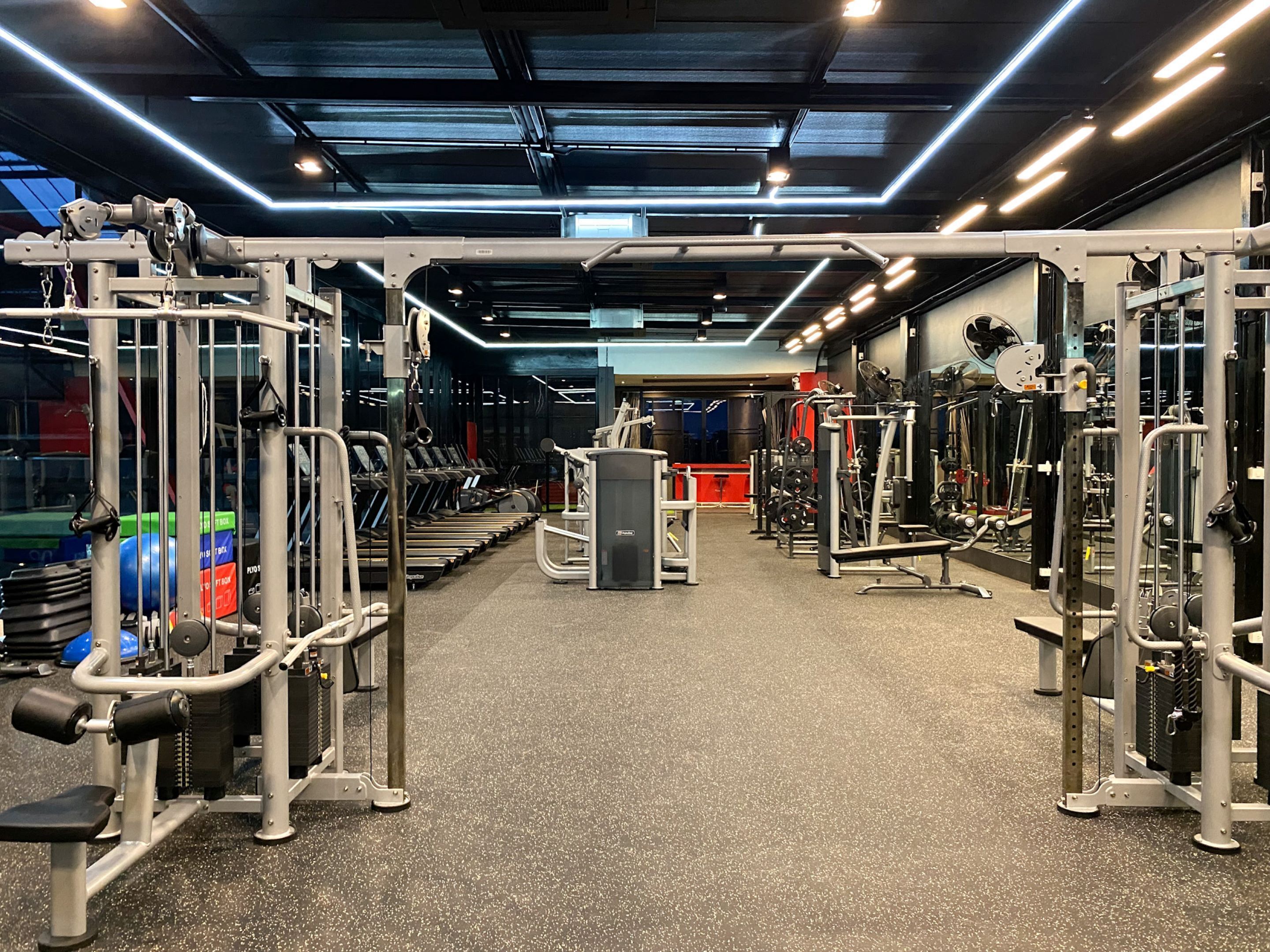 A gym with various exercise machines, treadmills, and weightlifting equipment.