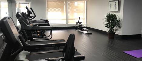 A gym with treadmills, elliptical machines, and a stationary bike. There is a large window with blinds, a potted plant, and a poster on the wall.