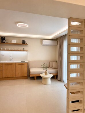 Luxury Apartment, Garden View | Private kitchen | Fridge, coffee/tea maker, electric kettle, toaster - Villa Karina - Near Achladies Beach (Skiathos)