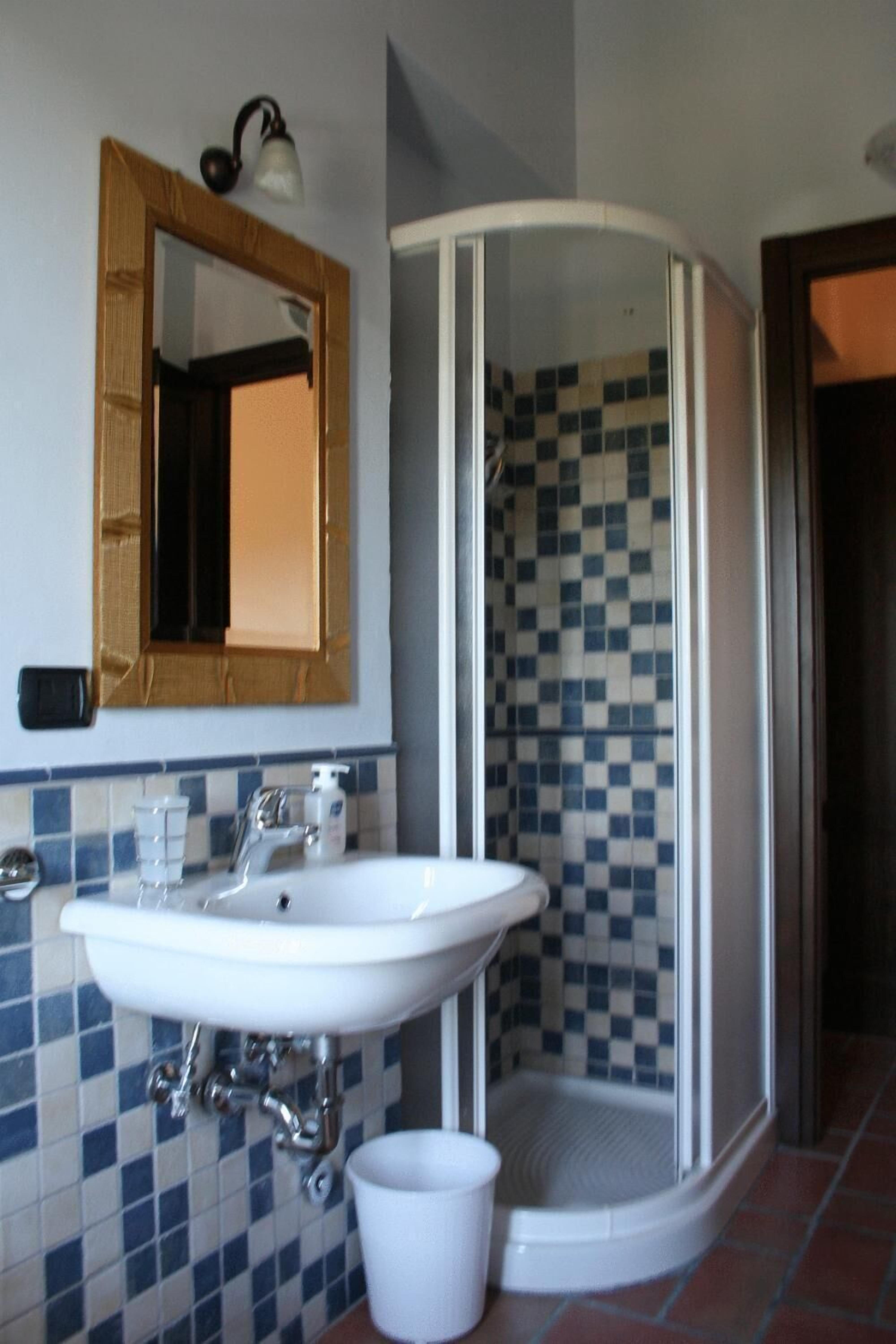 A bathroom with a white sink, a mirror, and a shower with checkered tiles.