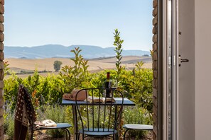 A table with a book and a wine bottle, set against a backdrop of green fields and distant mountains. - Agriturismo San Marcello (Castiglione d'Orcia)