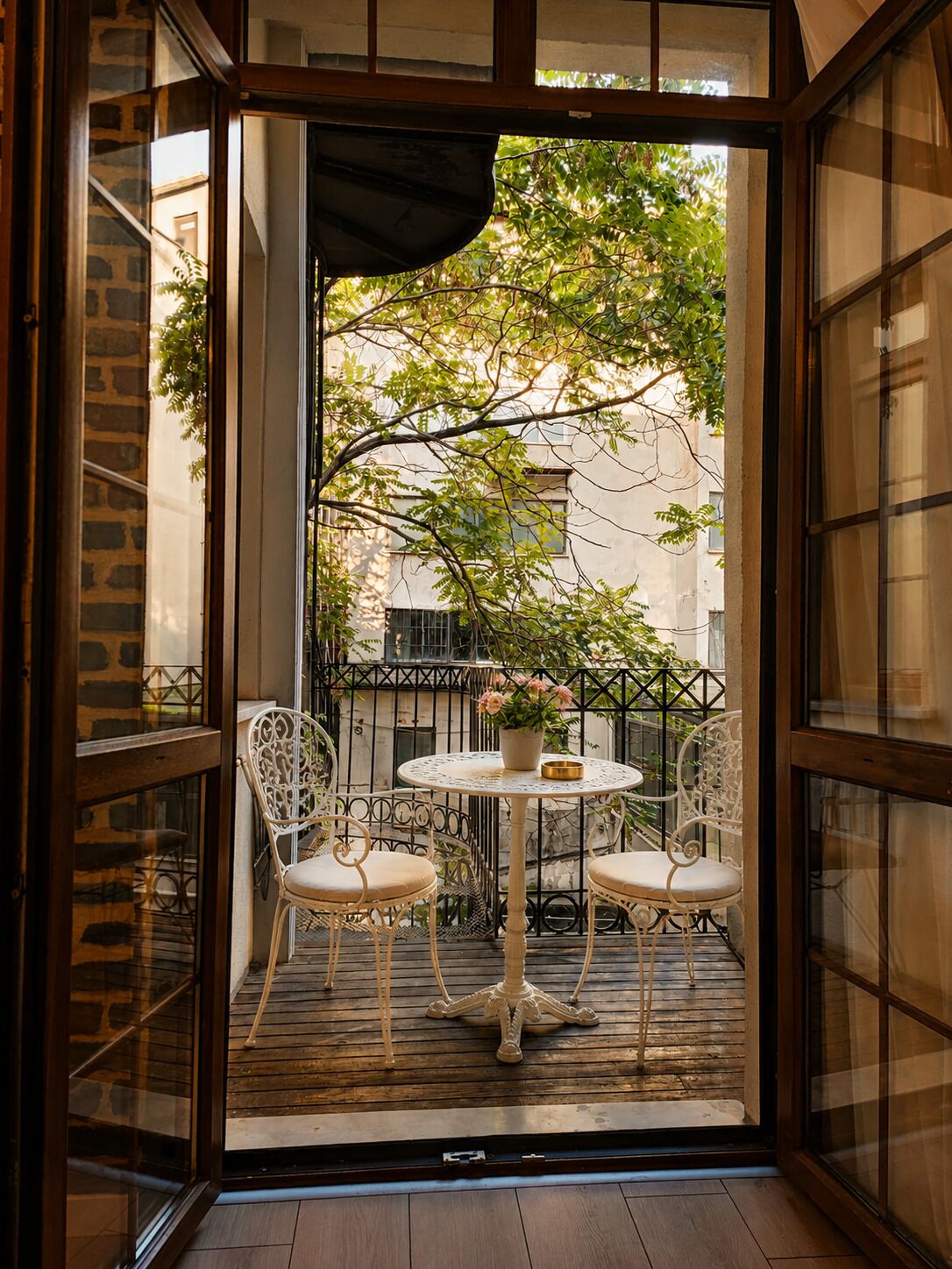 An open balcony with a round table and two chairs, a potted plant, and a view of the surrounding buildings.