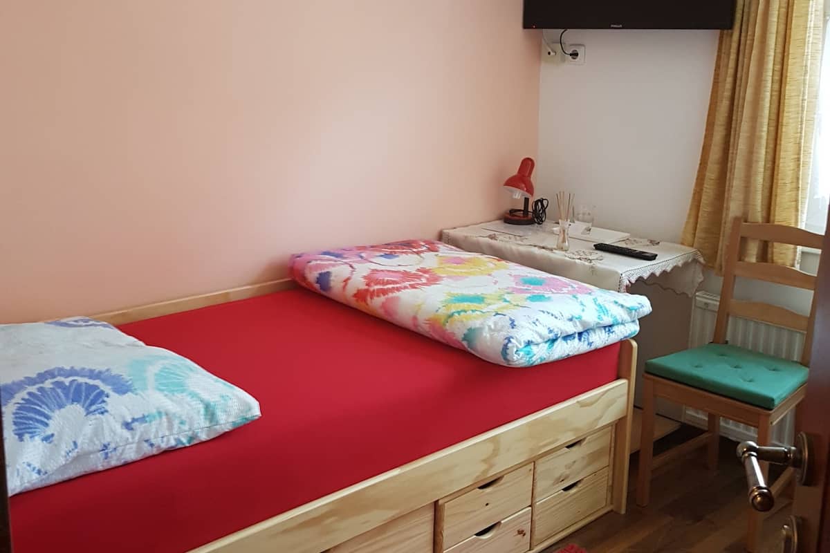 A bedroom with a single bed, a wooden nightstand, a desk with a chair, a television on the wall, and a red rug on the floor.